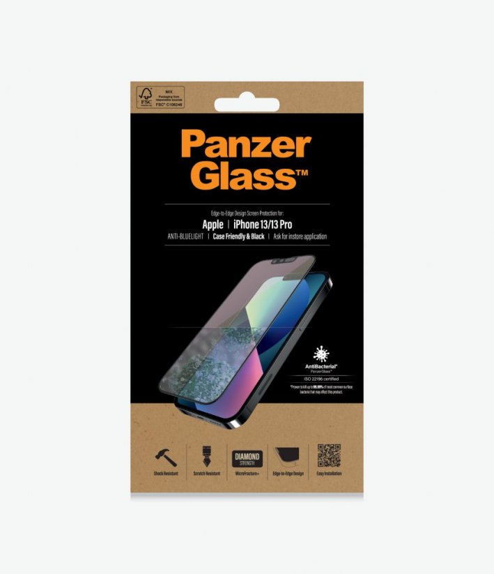 PANZERGLASS Ochranné sklo 2.5D FULL-COVER 0.4mm pro iPhone 13/13 Pro, AntiBacterial, AntiBlue, černý rámeček