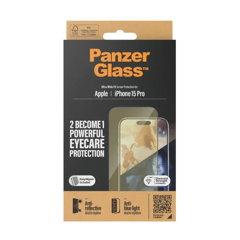 PANZERGLASS Ochranné sklo 2.5D FULL-COVER 0.4mm pro iPhone 15 Pro, EyeCare, černý rámeček