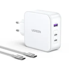 GaN Ugreen Nexode CD289 USB-A/2xUSB-C 140W síťová nabíječka + USB-C - USB-C 1,5m kabel - bílý