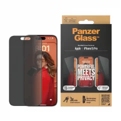 PANZERGLASS Ochranné sklo 2.5D FULL-COVER 0.4mm pro iPhone 15 Pro, montážní rámeček, Privacy
