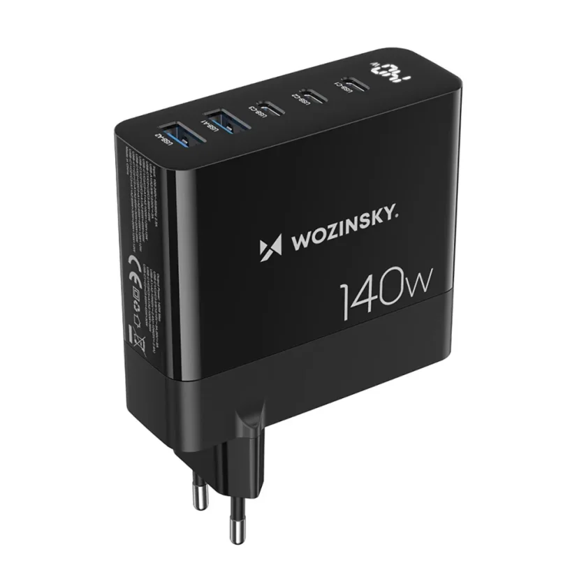 GaN Wozinsky CGWCB 140W síťová nabíječka 3 x USB-C / 2 x USB-A - černá