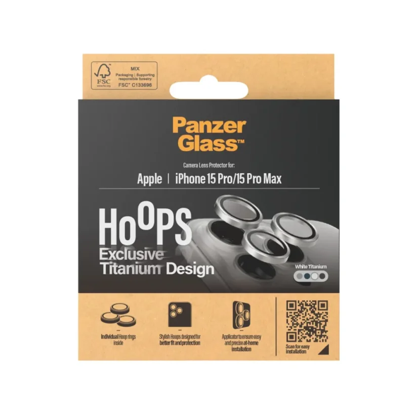 PANZERGLASS Ochranné kroužky zadní kamery HoOps pro iPhone 15 Pro/15 Pro Max, bílý titan