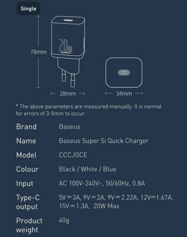 BASEUS CCSUP-B01 Super Si nabíječka USB-C PD výkonem 20W, černá
