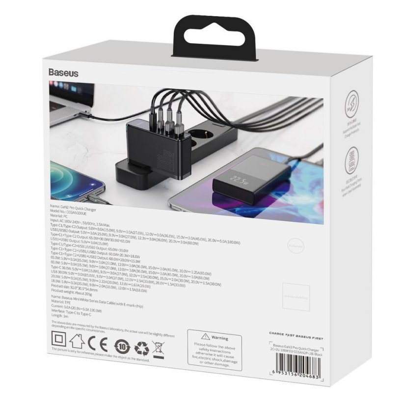 BASEUS CCGAN2P-L01 GaN Nabíječka 4v1 (2xUSB, 2x USB-C PD), výkon 100W, USB-C kabel, černá
