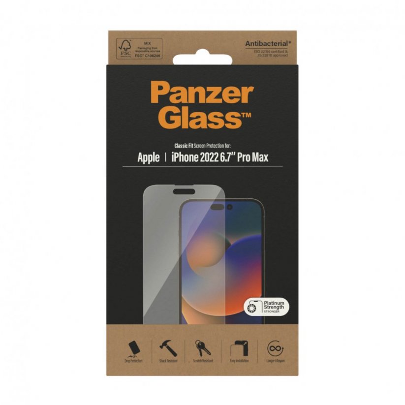 PANZERGLASS Ochranné sklo 2.5D STANDARD 0.4mm pro iPhone 14 Pro Max, AntiBacterial, čiré