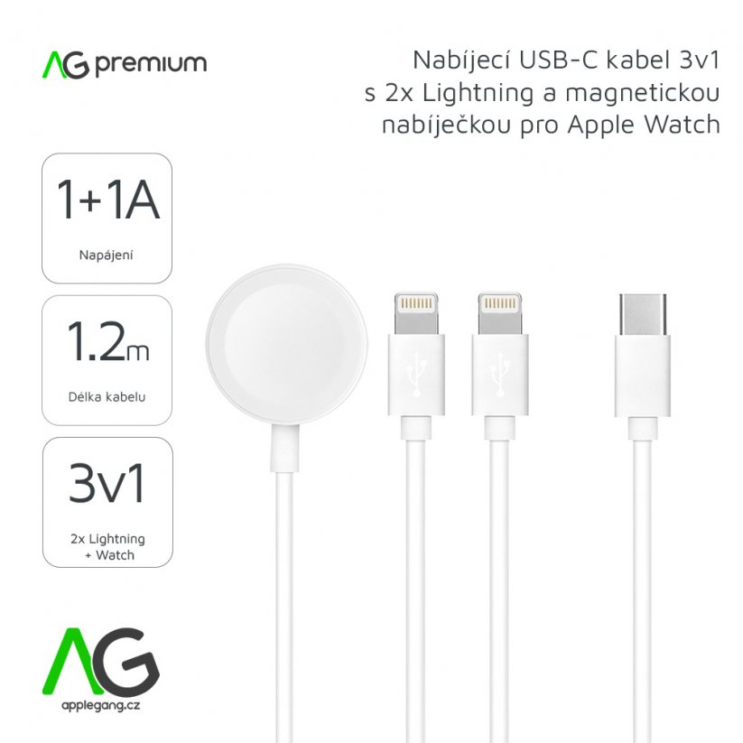 AG PREMIUM C3168 Nabíjecí USB-C kabel 3v1 (2x Lightning a Apple Watch) 10W, 1,2 m, bílý