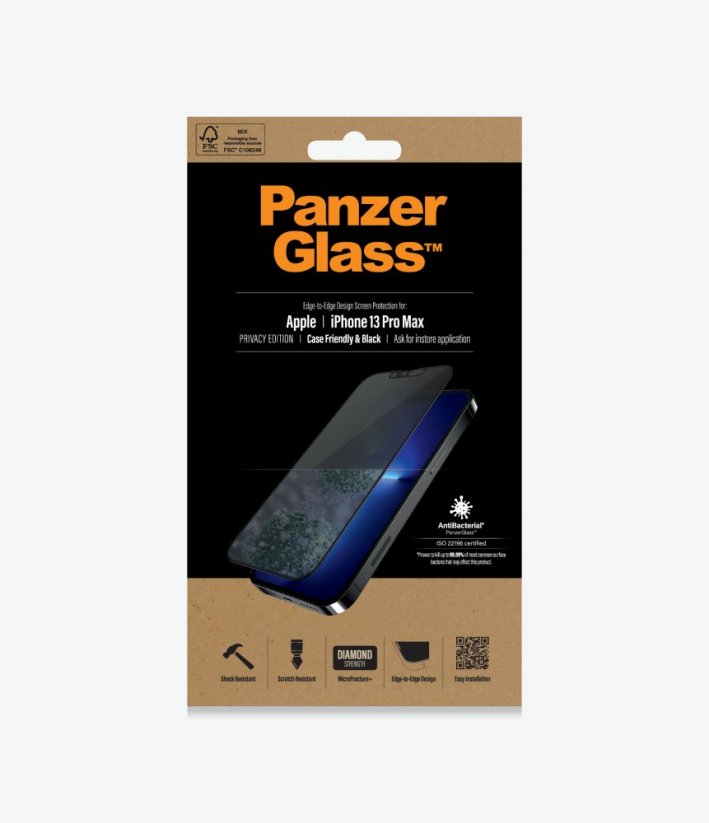 PANZERGLASS Ochranné sklo 2.5D FULL-COVER 0.4mm pro iPhone 13 Pro Max, AntiBacterial, Privacy, černý rámeček