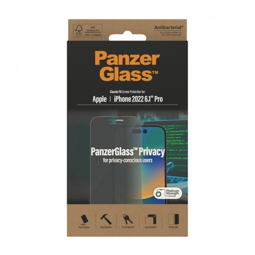 PANZERGLASS Ochranné sklo 2.5D STANDARD 0.4mm pro iPhone 14 Pro, AntiBacterial, Privacy
