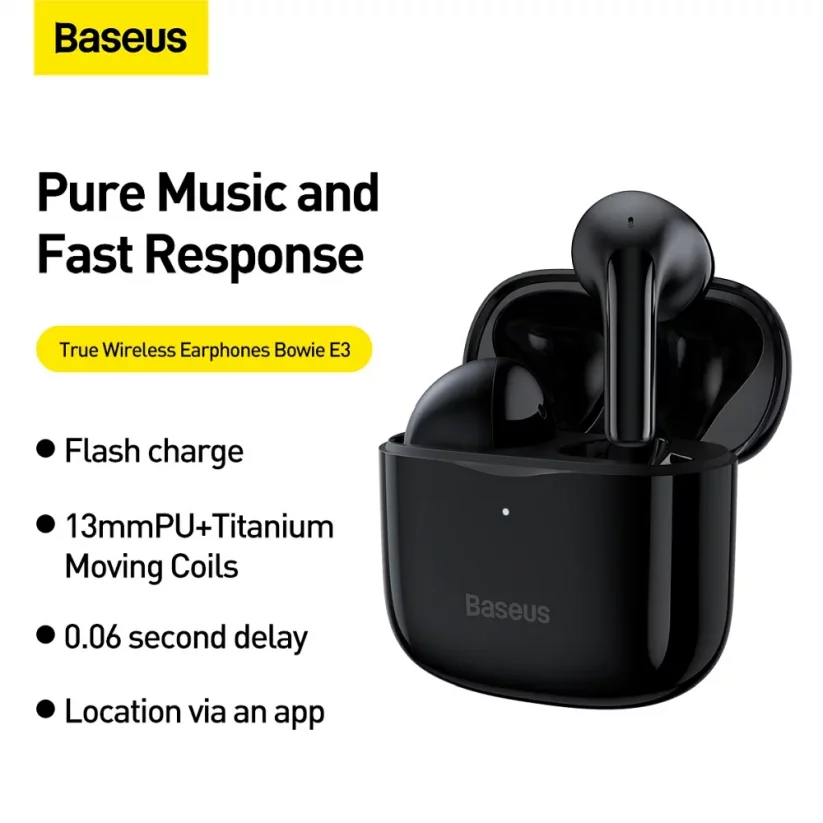 BASEUS Bowie E3 NGTW080001 Bezdrátová TWS sluchátka IP64 s nabíjecím pouzdrem, černá