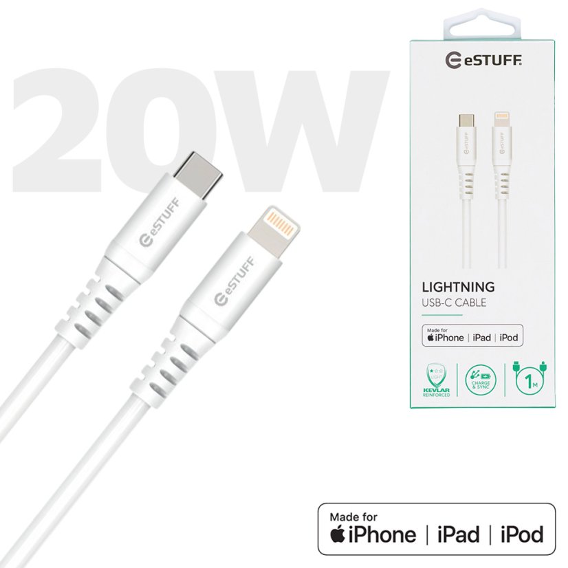 ESTUFF ES602101 Prémiový datový a nabíjecí kabel USB-C/Lightning MFi, 1m, bílý