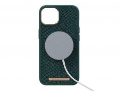 NJORD Salmon Leather MagSafe Odolný kryt z lososí kůže pro iPhone 14, tmavě zelený