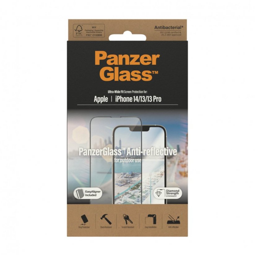 PANZERGLASS Ochranné sklo 2.5D FULL-COVER 0.4mm pro iPhone 13/13 Pro/14, AntiBacterial, Anti-reflexní, montážní rámeček