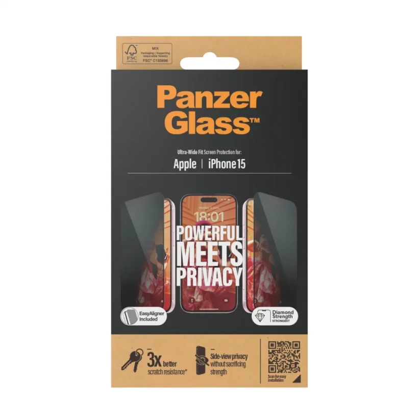 PANZERGLASS Ochranné sklo 2.5D FULL-COVER 0.4mm pro iPhone 15, montážní rámeček, Privacy