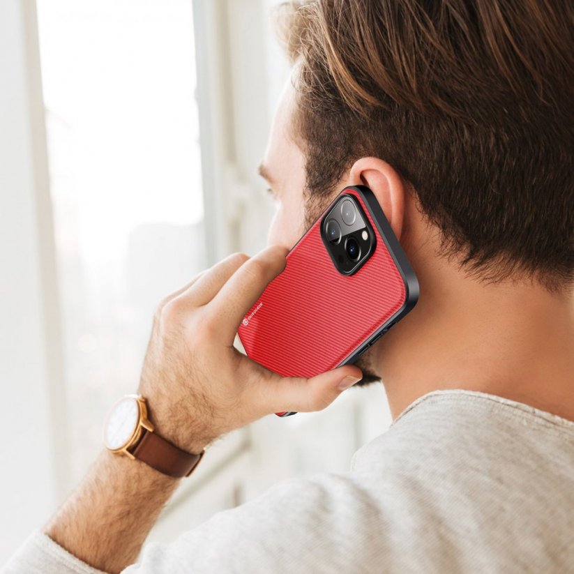 DUX DUCIS Fino Series Odolný kryt s textilními zády pro iPhone 14 Pro Max, červený