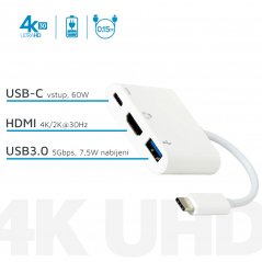 ESTUFF ES623001WH USB-C AV Multiport Adapter 3v1 (hub HDMI, USB, USB-C), bílý