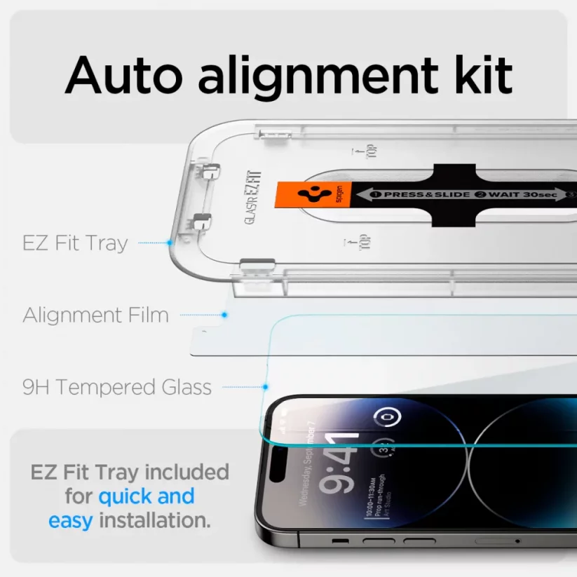 SPIGEN EZ Fit Ochranné sklo 2.5D FULL-COVER 0.3mm pro iPhone 14 Pro Max, montážní rámeček, 2ks