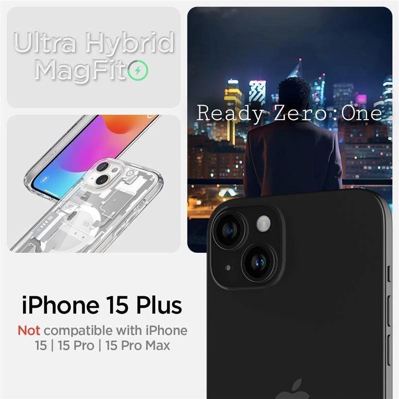 Spigen Ultra Hybrid Mag pouzdro s MagSafe pro iPhone 15 Plus - bílé (Zero One design)