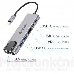 ESTUFF ES623012 Multi USB-C hub 6v1 (HDMI, 2x USB, 2x USB-C, RJ45), napájení až 87W, Space Grey