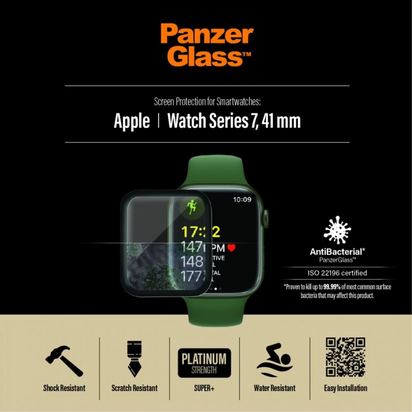 PANZERGLASS Ochranné sklo 3D FULL-COVER 0.4mm pro Watch 7/8 41mm, AntiBacterial