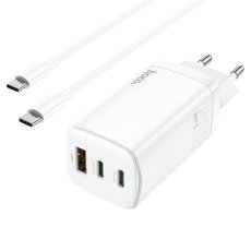 HOCO N16 GaN tříportová nabíječka (2x USB-C, 1x USB) s výkonem 65W a USB-C kabelem, bílá