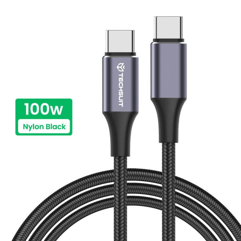 TECHSUIT PCB018 Opletený datový a nabíjecí kabel USB-C/USB-C 100W, 480Mbps, 1m, černý