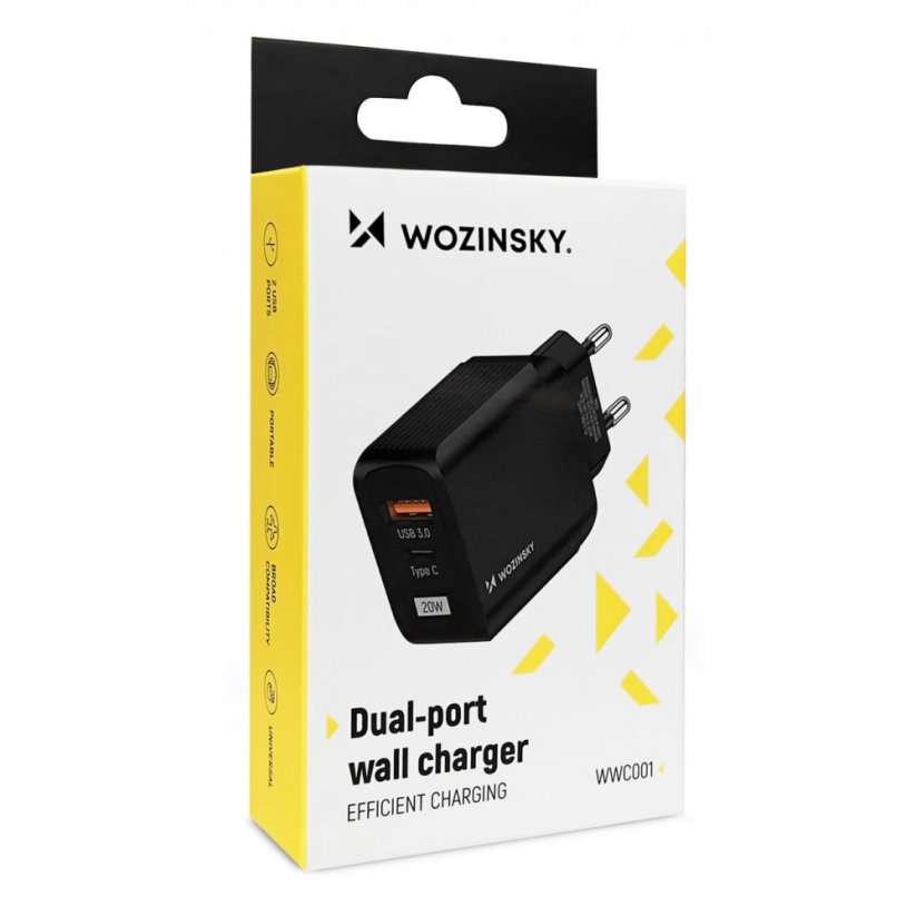 WOZINSKY WWC001 Dvouportová nabíječka (USB, USB-C) s výkonem 20W, černá