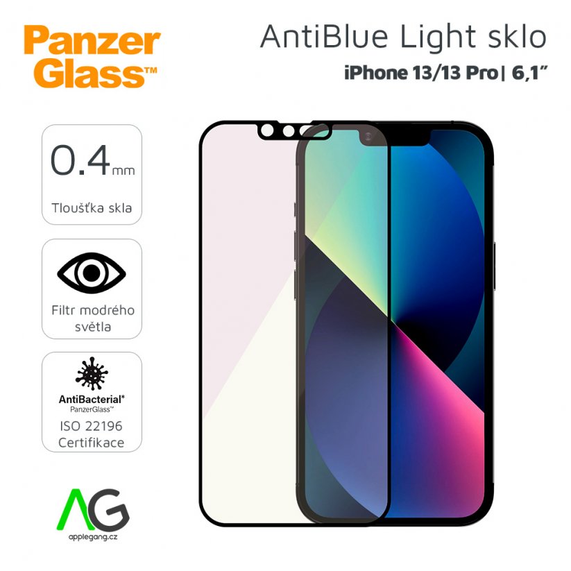 PANZERGLASS Ochranné sklo 2.5D FULL-COVER 0.4mm pro iPhone 13/13 Pro, AntiBacterial, AntiBlue, černý rámeček