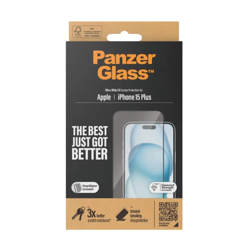 PANZERGLASS Ochranné sklo 2.5D FULL-COVER 0.4mm pro iPhone 15 Plus, montážní rámeček