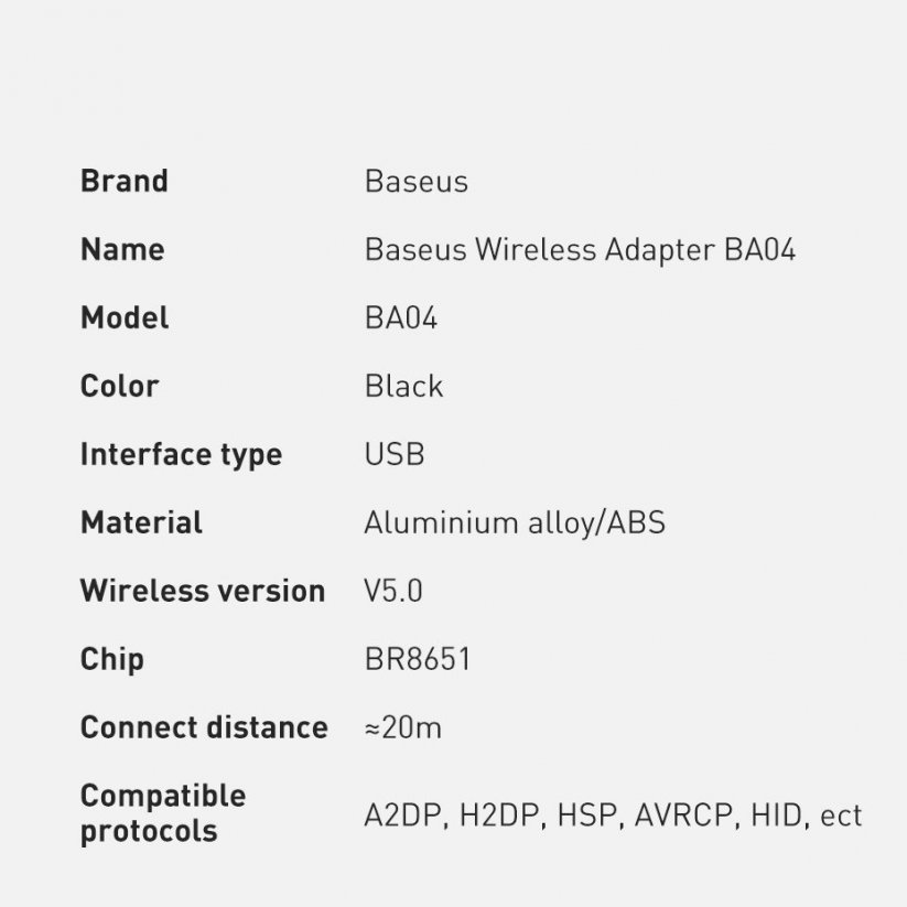 BASEUS BA04 Mini Bluetooth 5.0 adaptér do USB portu počítače, černý