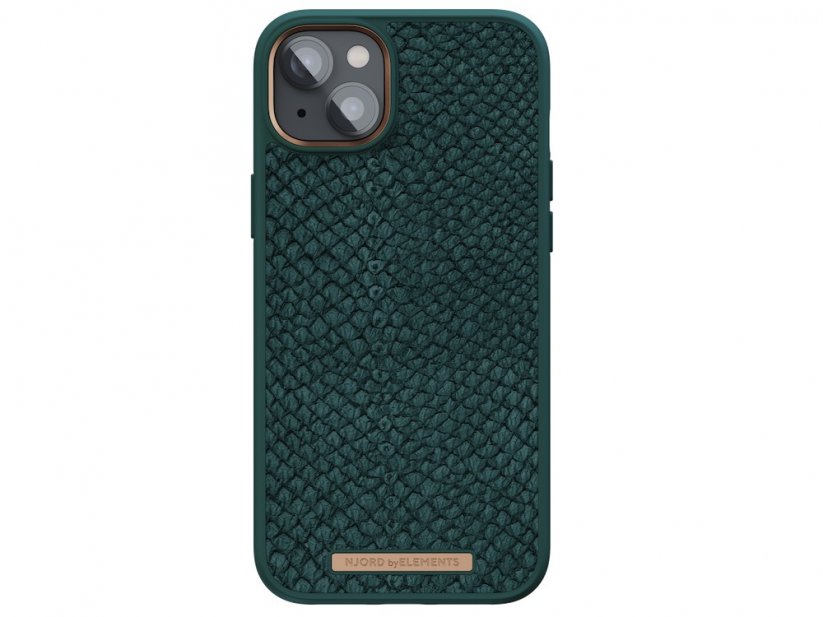 NJORD Salmon Leather MagSafe Odolný kryt z lososí kůže pro iPhone 14 Plus, tmavě zelený