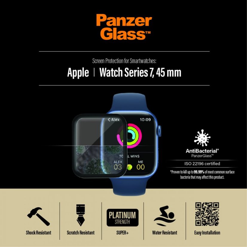 PANZERGLASS Ochranné sklo 3D FULL-COVER 0.4mm pro Watch 7/8 45mm, AntiBacterial