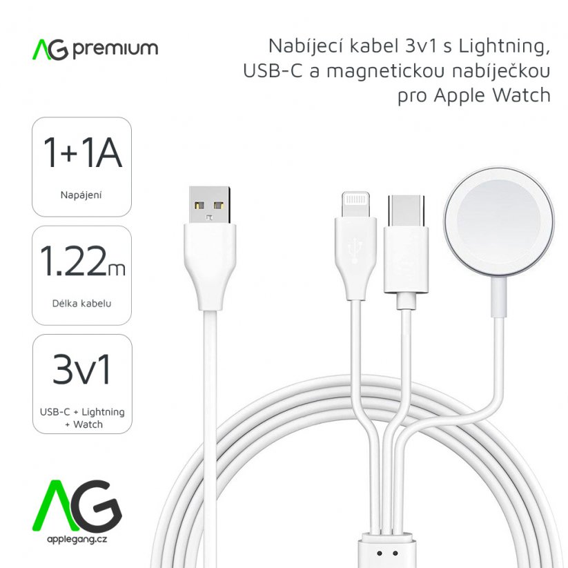 AG PREMIUM C3163 Nabíjecí kabel 3v1 (Lightning, USB-C, Apple Watch) 10W, 1,2 m, bílý