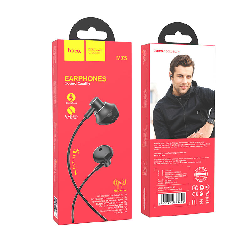 HOCO M75 Magnetická sluchátka s mikrofonem, kabel 1,2m, Jack 3,5mm konektor, černá
