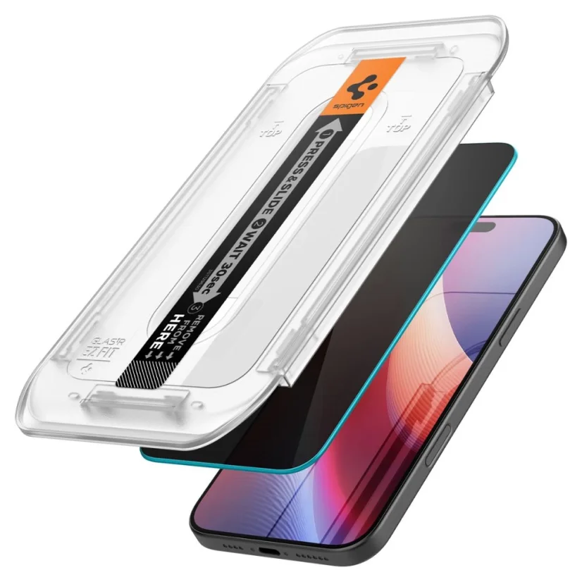 SPIGEN EZ FIT Ochranné sklo 2.5D STANDARD 0.3mm pro iPhone 16 Pro Max, montážní rámeček, Privacy, 2ks